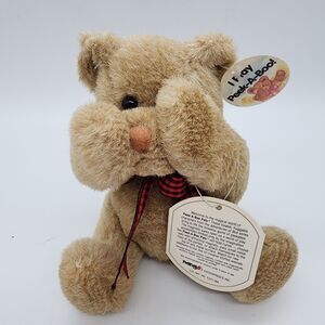 Vintage Mango Magnetic Peek A Boo Bear Plush 6" Brown Fur Plaid Bow Stuffed Toy